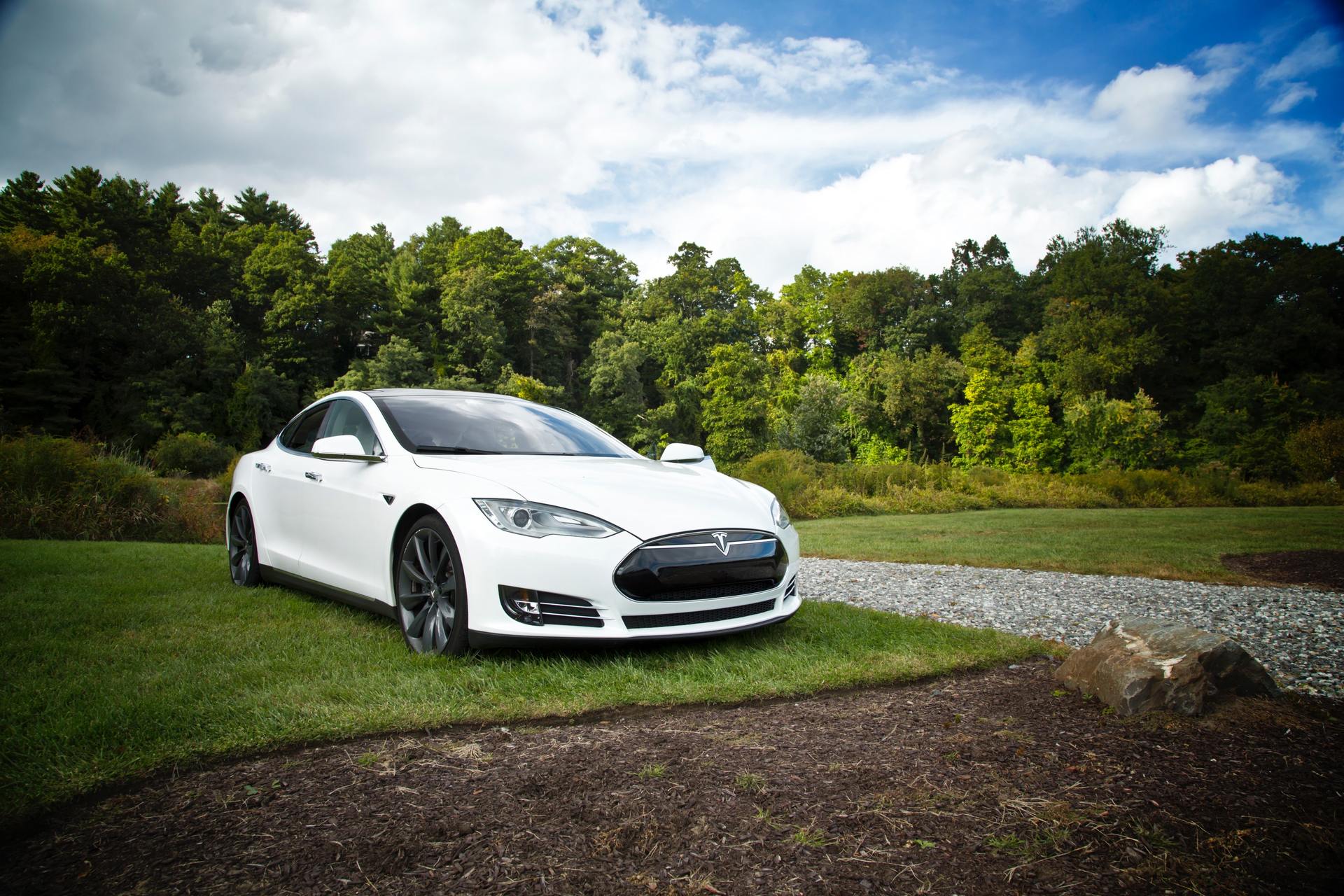 White Tesla parked on grass near a gravel path, with a forest in the background under a cloudy sky.