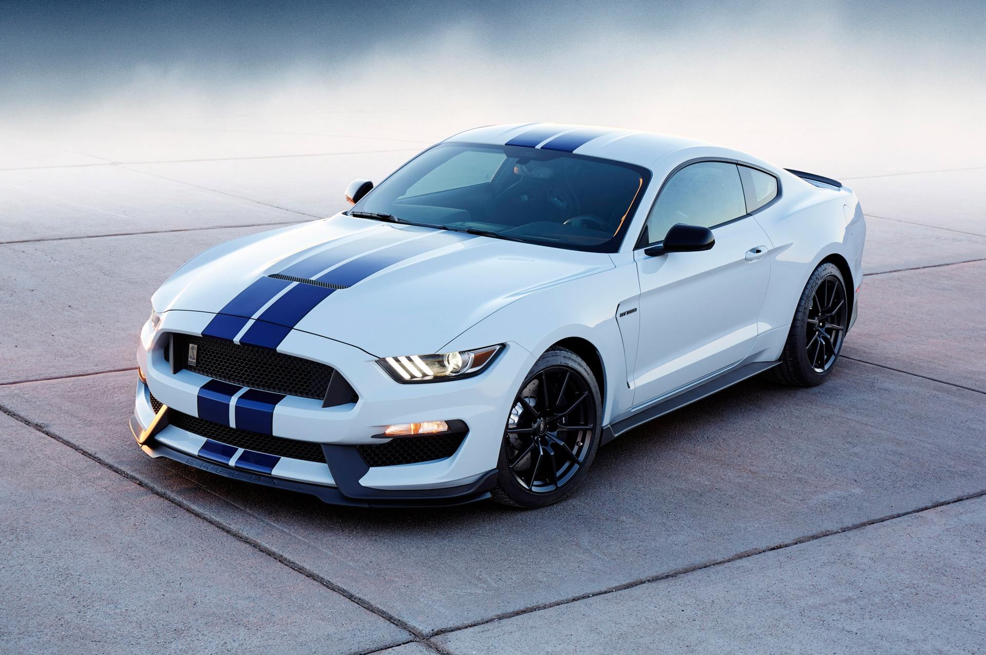 White Ford Mustang Shelby GT350 with blue racing stripes, parked on a concrete surface.