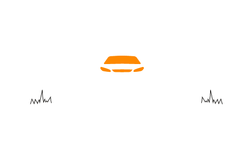 Orange car icon centered on white background with grass on either side.